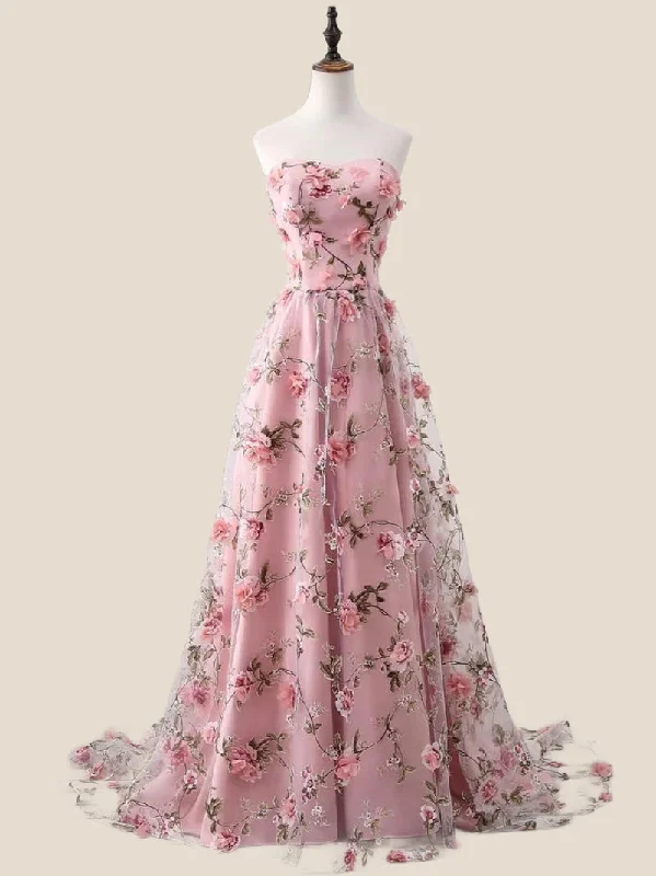 Formal Dress for Eco-Conscious EventsStrapless Pink 3D Floral A-line Long Formal Dress