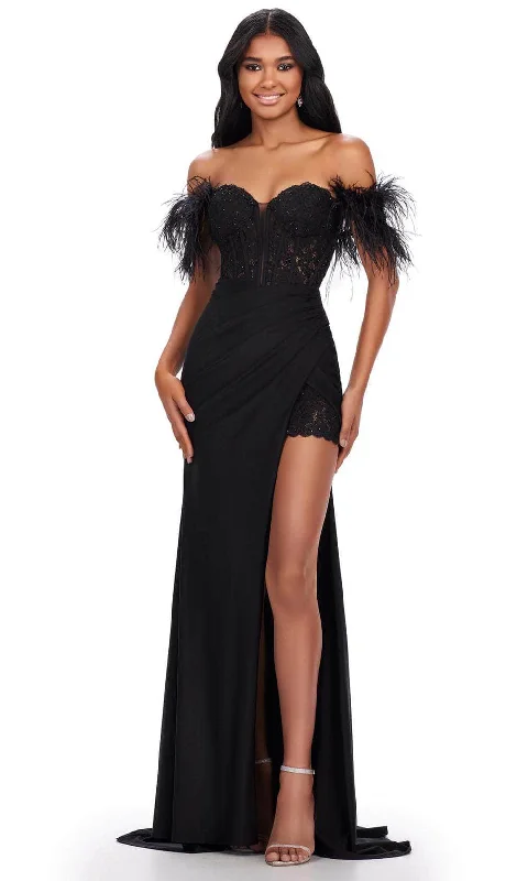 empire waist prom dressesAshley Lauren 11618 - Feathered Off Shoulder Prom Gown