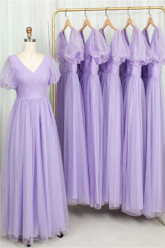 Formal Dress for Charity AwardsShort Puffy Sleeves Lavender Tulle Long Formal Dress