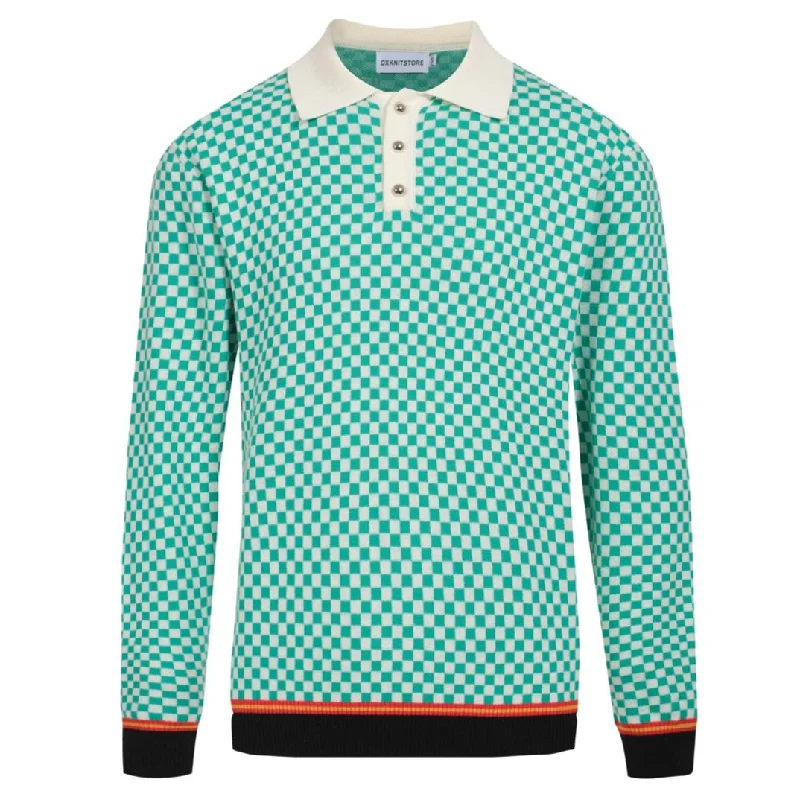 women's tops for minimalist aestheticsMen's green plaid with vintage jacquard polo shirt