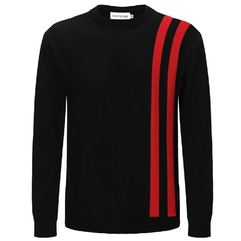 women's tops with beading accentsMen's Black Knitted T-Shirt With Double Red Racing Stripe