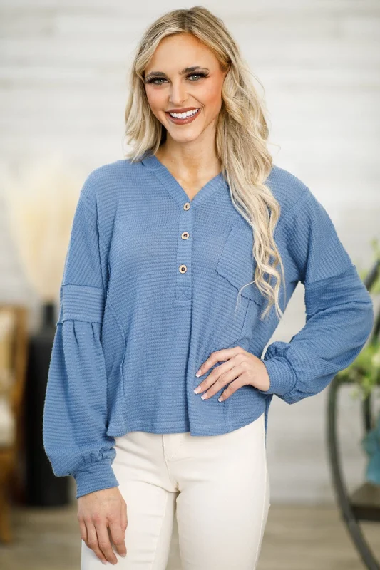 women's tops for those who love to shop for unique findsCornflower Waffle Knit Hooded Top With Pocket