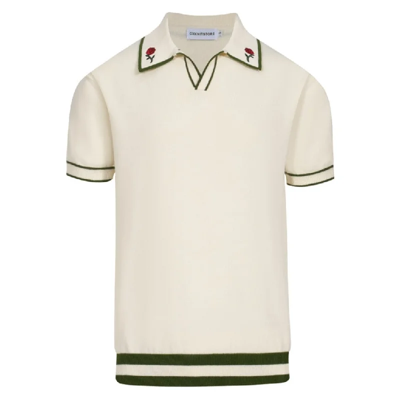 women's tops with ruffled hemsMen's white and green embroidered V-neck knit polo shirt