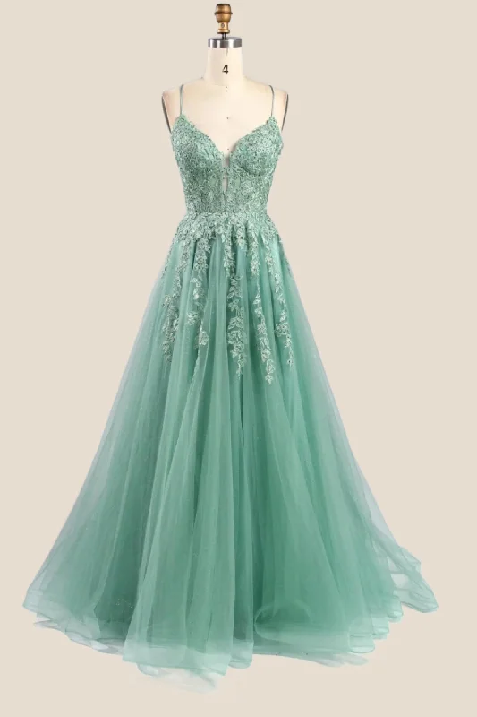 Formal Dress for Theme Park EventsTurquoise Lace Appliques Straps A-line Long Formal Dress