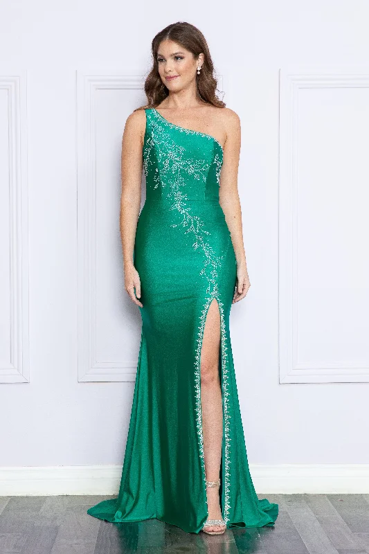 Formal Dress for Bar MitzvahsFitted Embroidered One Shoulder Gown by Poly USA 9136