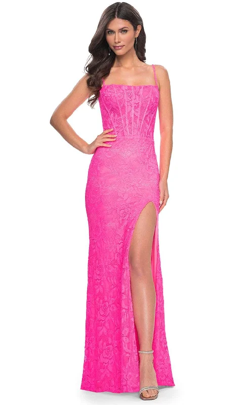 halter prom dressesLa Femme 32423 - Lace Spaghetti Strap Prom Dress