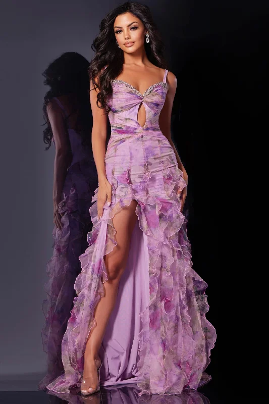 Formal Dress for DebutantesFloral Print Fitted Sleeveless Slit Gown by Jovani D5113