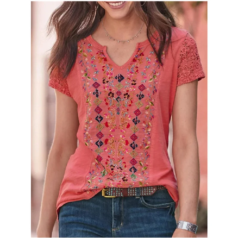 women's tops for wedding guest attireJuliaFashion - 2024 Women Casual V-Neck T Shirt Vintage Boho Ethnic Floral Print Loose Top