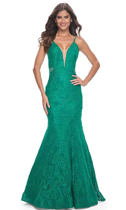 illusion sleeve prom dressesLa Femme 32315 - V-Neck Lace Mermaid Prom Gown