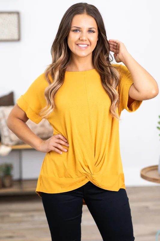 women's tops for creating capsule wardrobesGolden Mustard Knot Front Short Sleeve Top