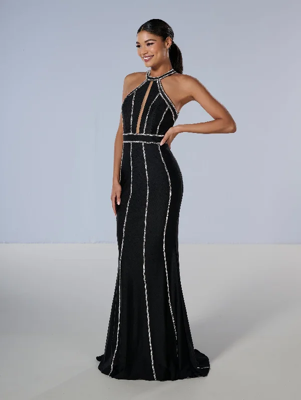 Formal Dress for Bohemian ThemesBeaded Jersey Fitted Halter Gown by Tiffany Designs 16200