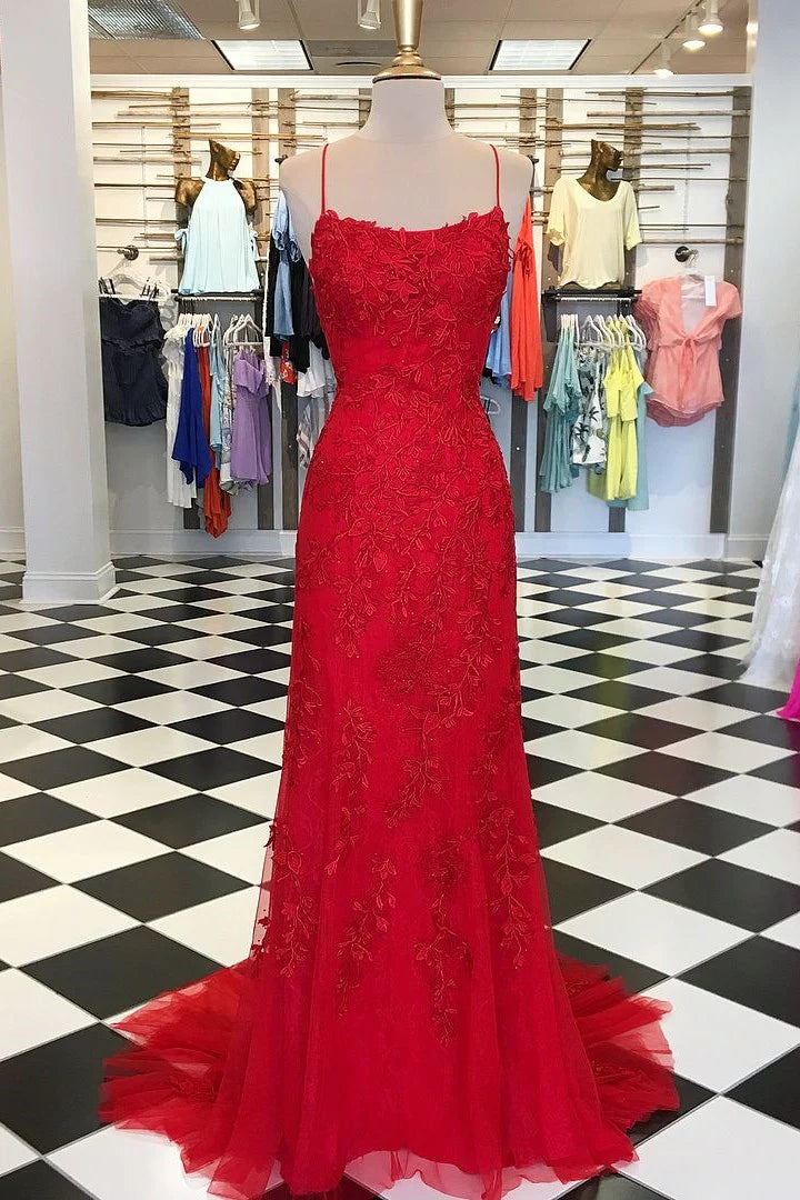 Formal Dress for Historical ReenactmentsRed Floral Appliques Tulle Mermaid Long Formal Dress MD7737