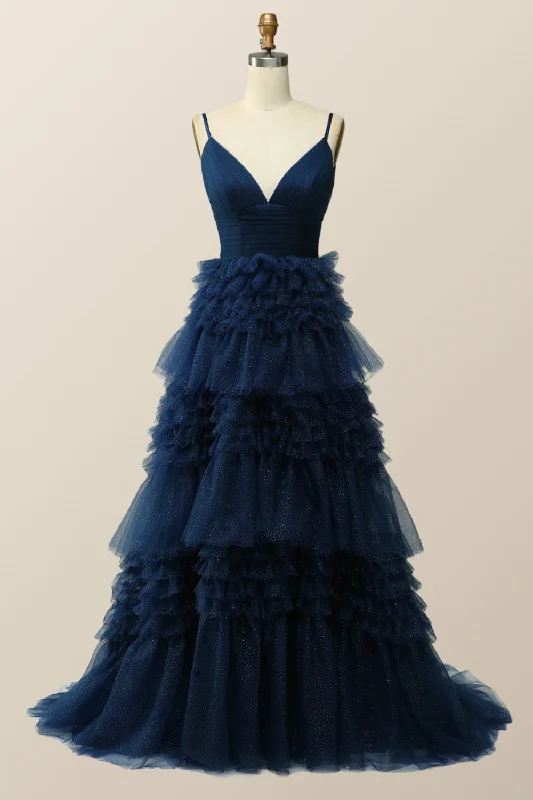 Formal Dress for Polo MatchesNavy Blue Tiered Ruffle Long Ball Gown with Straps