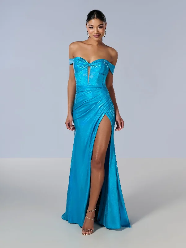 Formal Dress for Civil CeremoniesMetallic Off Shoulder Slit Gown by Tiffany Designs 16186