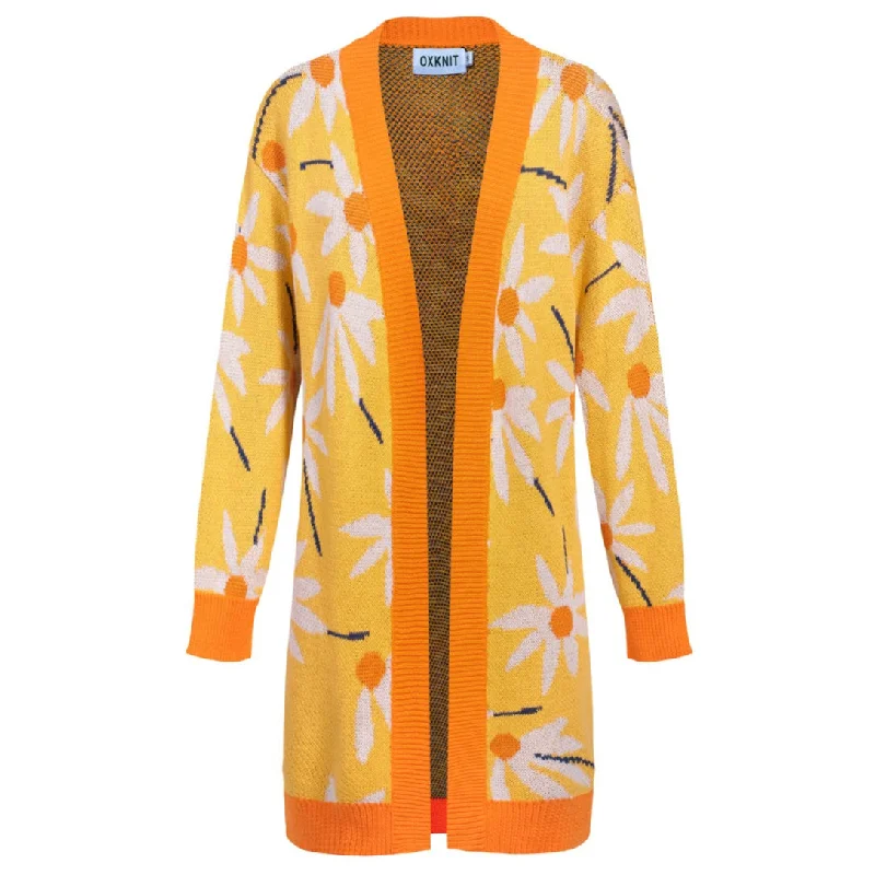 women's tops for wedding guest attireWomen's yellow sunflower cardigan long knit top