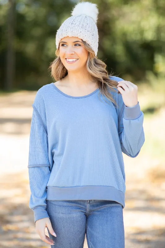 women's tops for those who refuse to compromise on styleDusty Blue Reverse Seam Detail Top