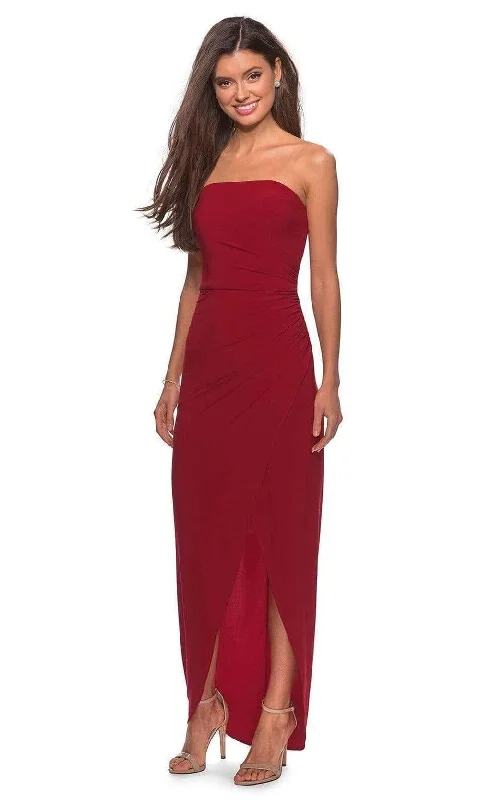 prom dresses for pear shapesLa Femme - 28204 Strapless Jersey Sheath Simple Prom Dress With Slit