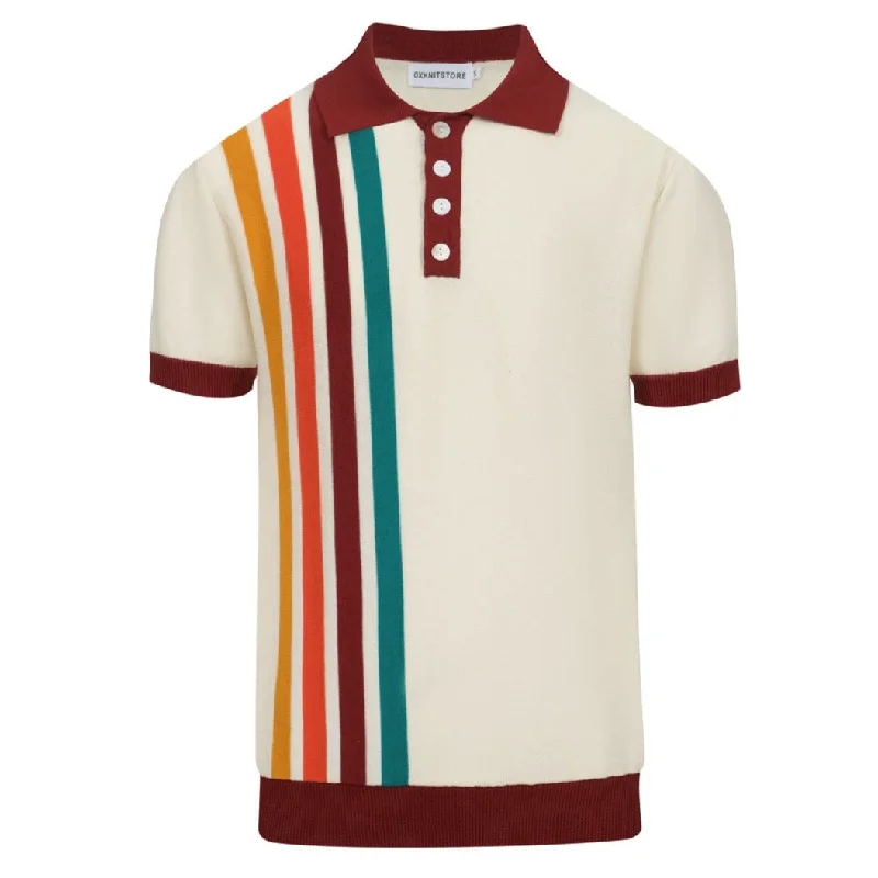 women's tops for those who want to invest in timeless piecesMen's White Apricot Rainbow Stripe Button Polo Collar Knitted Short Sleeve Top