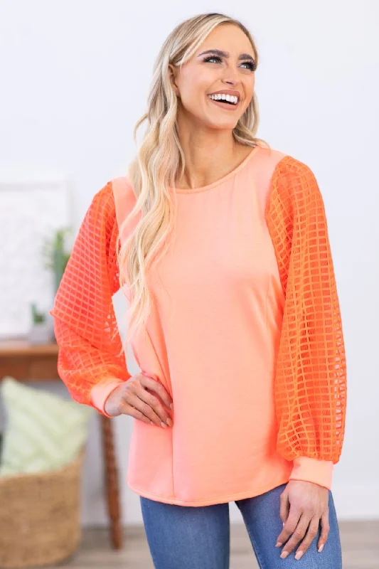 women's tops for maximalist fashion loversNeon Coral Textured Ballon Sleeve Top