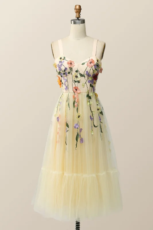 Classic Formal Dress StylesChampagne Tulle and Floral Embroidery Tea Length Gown