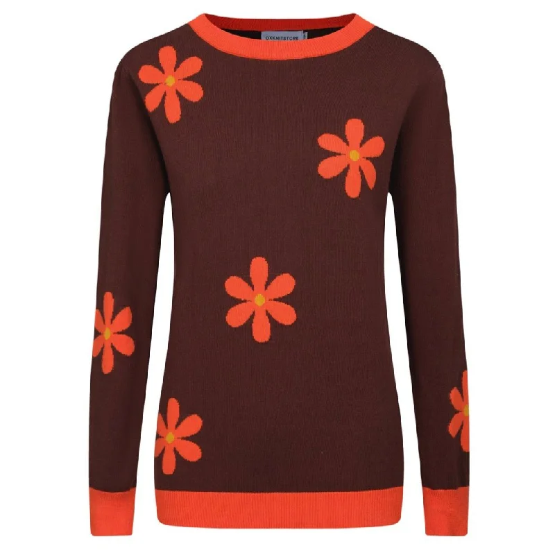 women's tops for those who love to dress up their casual looks with stylish topsWomen's brown floral jacquard vintage knit top