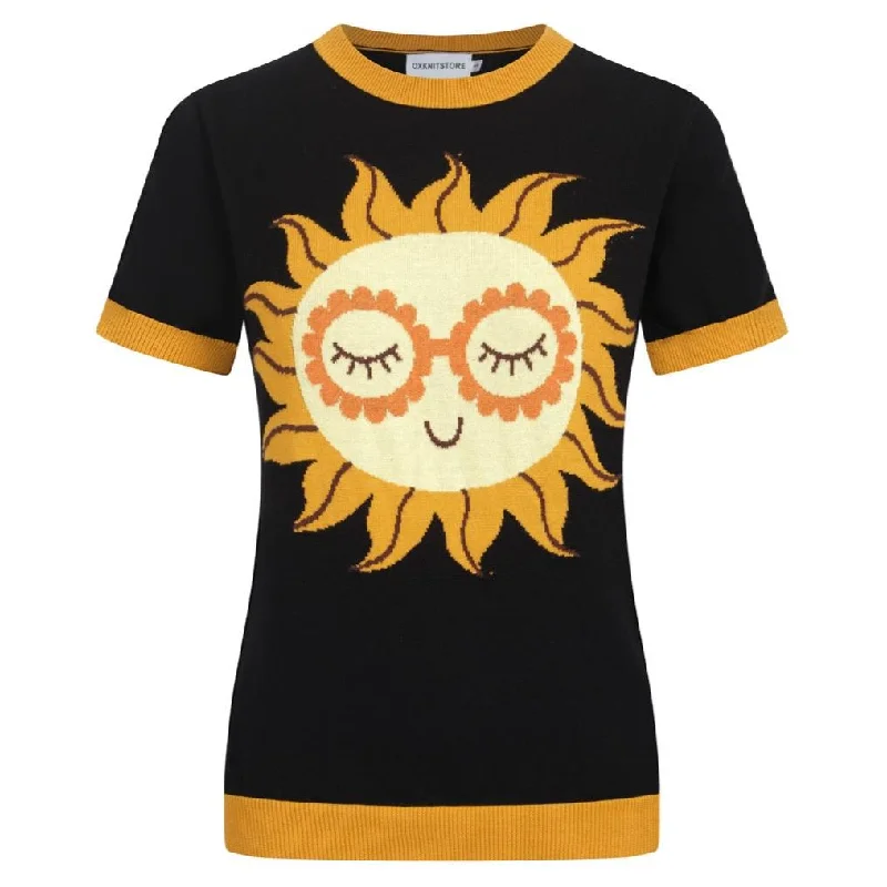 women's tops with sheer overlaysWomen's Black Knitted T-shirt With Sun