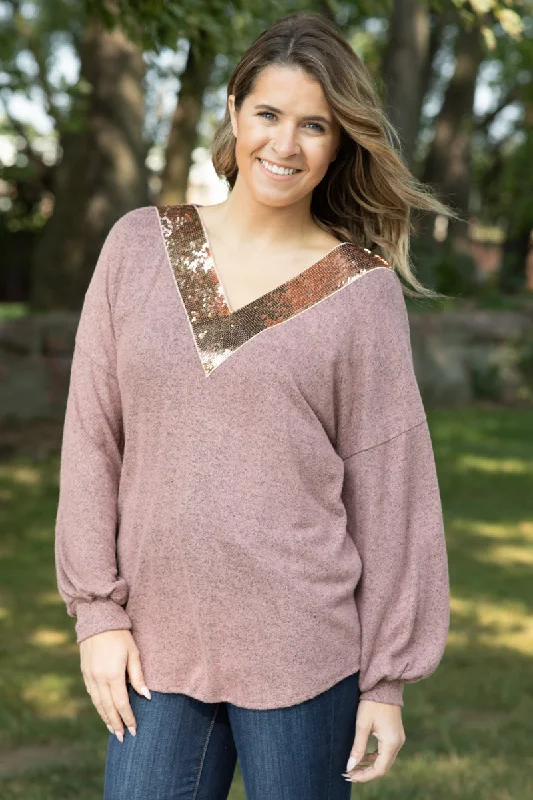 women's tops for those who want to stay warm and stylish during colder weatherDusty Rose and Gold Sequin Trim Top