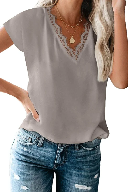 women's tops with beading accentsJuliaFashion - 2024 Women's V-Neck Printed Casual Summer Loose Short Sleeve T-Shirt