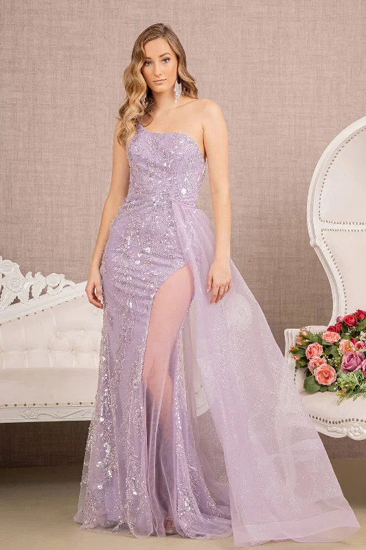 Formal Dress for Garden Party ThemesBeaded One Shoulder Sheer Slit Gown by GLS Gloria GL3116