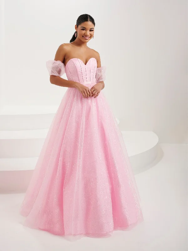 Formal Dress for Large WeddingsGlitter Strapless Puff Sleeve Gown by Tiffany Designs 16083