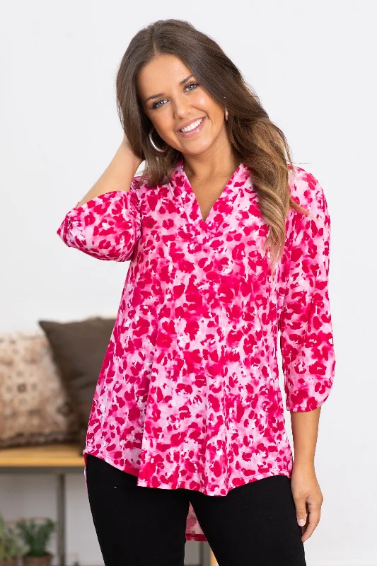 women's tops made from cottonHot Pink Animal Print Notch Neck Top