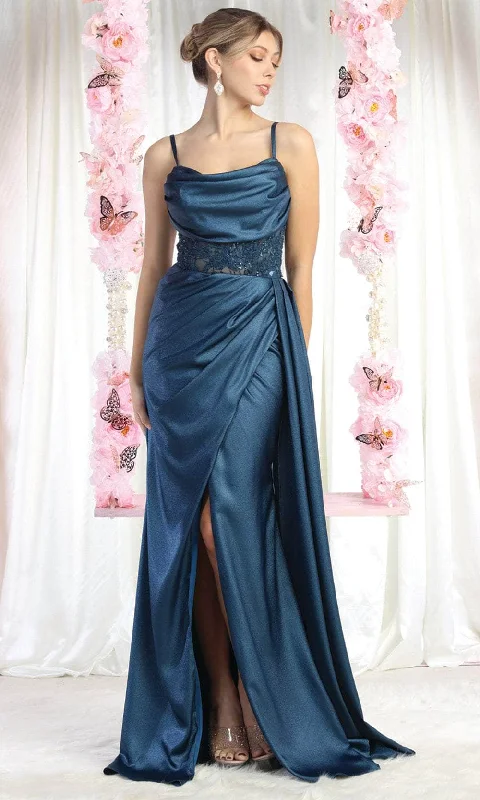 high-slit prom dressesMay Queen RQ8020 - Cowl Embroidered Prom Dress