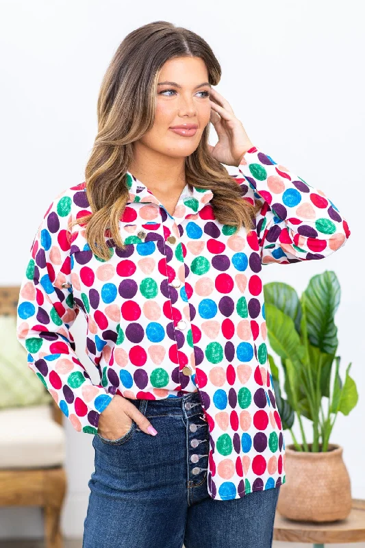 women's tops for date nightsWhite Multicolor Polka Dot Roll Sleeve Top