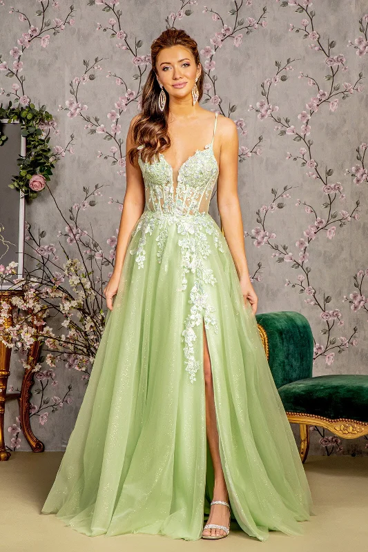 Formal Dress Shops in New YorkButterfly Applique Sleeveless Slit Gown by GLS Gloria GL3212