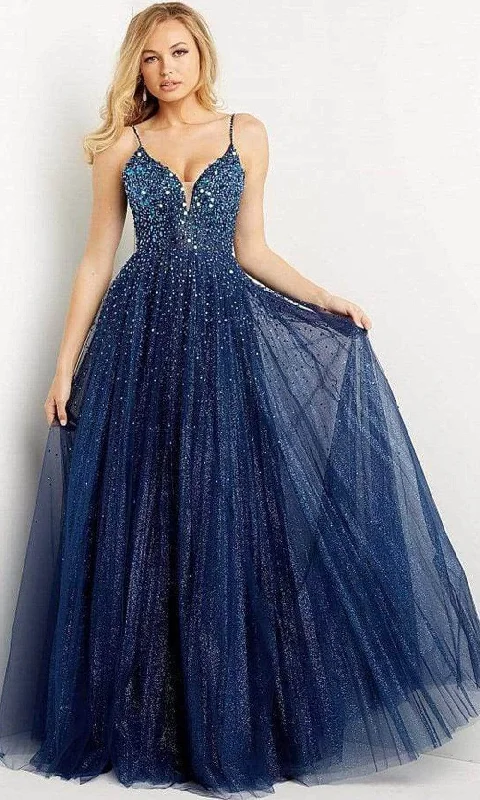 prom dresses with floral embroideryJovani 08408SC - Glitter Plunged V-Neck Prom Gown