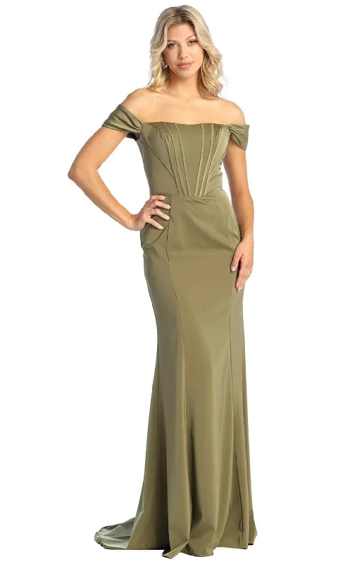 illusion sleeve prom dressesMay Queen MQ1909 - Off Shoulder Seamed Prom Gown