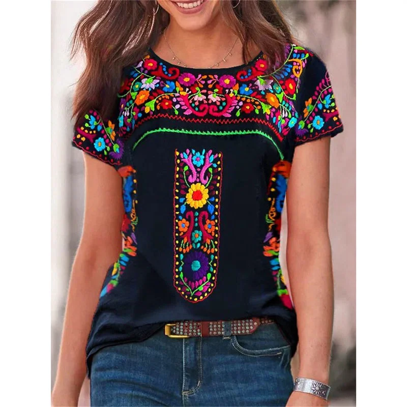 women's tops for black-tie affairsJuliaFashion - 2024 Women Casual O-Neck Floral Print Short Sleeve Loose Top