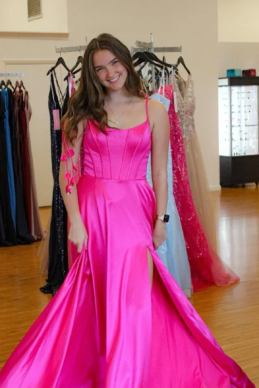 Formal Dress for Cruise Ship EventsTie Shoulders Hot Pink A-line Long Formal Dress