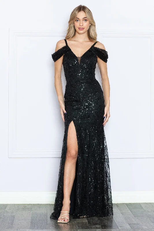 ELEGANT Formal Dress DesignsFitted Glitter Print Cold Shoulder Slit Gown by Poly USA 9384