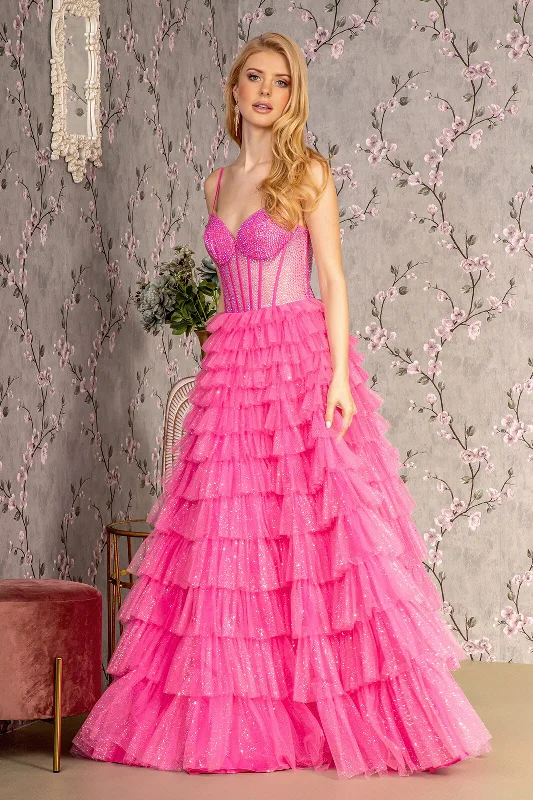 Formal Dress for Eco-Friendly ThemesBeaded Sheer Corset Tiered Ruffled Gown by GLS Gloria GL3463