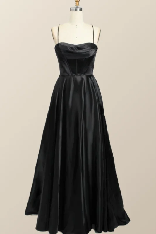 Formal Dress for Cocktail PartiesBlack Satin A-line Cowl Neck Long Formal Dress