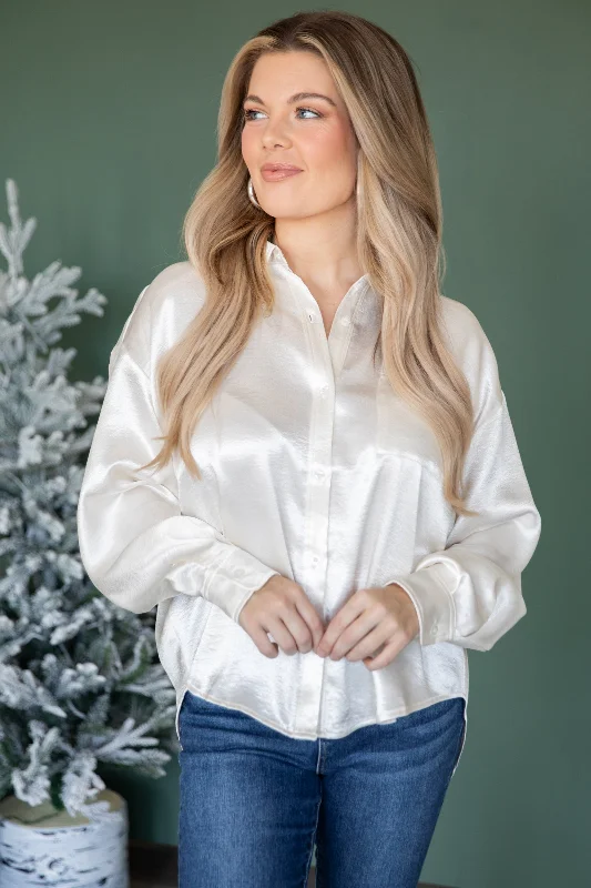 women's tops for casual FridaysIvory Satin Button Up Top