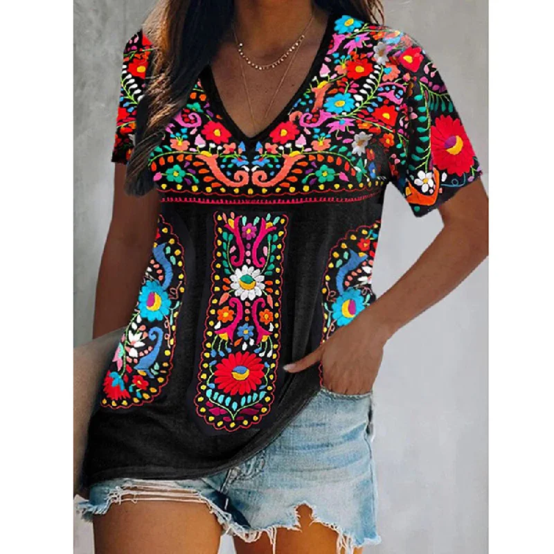 women's tops for minimalist aestheticsJuliaFashion - 2024 Sexy Boho V-Neck Patchwork Casual Ethnic Style Printed T-Shirt