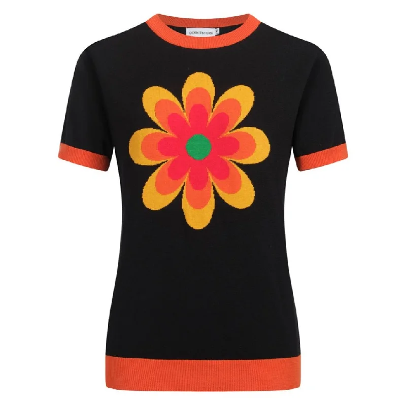 lace women's topsWomen's Black Knitted T-shirt With Yellow Flowers