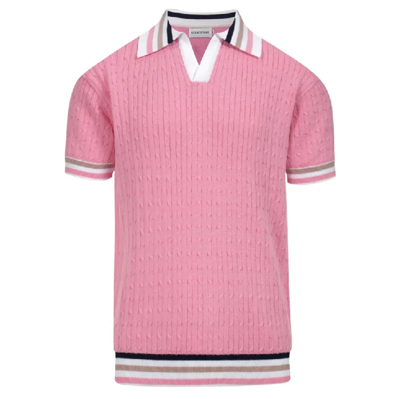 women's tops for mixing and matching with different bottomsMen's pink vintage striped knit V-neck polo shirt