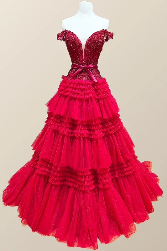 Formal Dress for Summer WeddingsOff the Shoulder Red Appliques Tiered Long Formal Dress