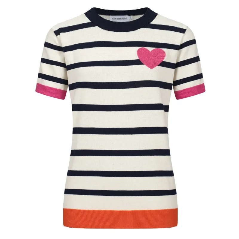 women's tops with cold-shoulder cutsWomen's striped vintage love embroidered knit T-shirt