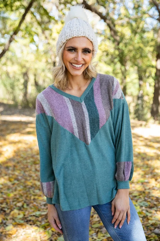 women's tops for those who value both quality and affordabilityEmerald Green and Mauve Colorblock Chevron Top