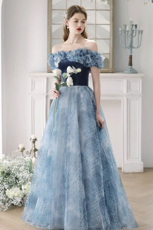 Formal Dress for Golden GlobesOff the Shoulder Blue Velvet Tulle Princess Gown