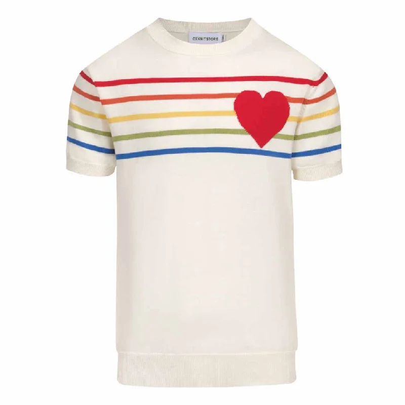 women's tops for those who want to show off their figure in a flattering wayMen's white striped heart knit T-shirt